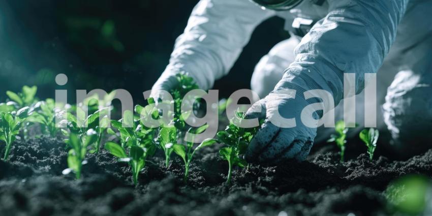 Astronaut Planting Green Seedlings in Soil Background, Space Explorer Nurturing Plants with a Cosmic Landscape
