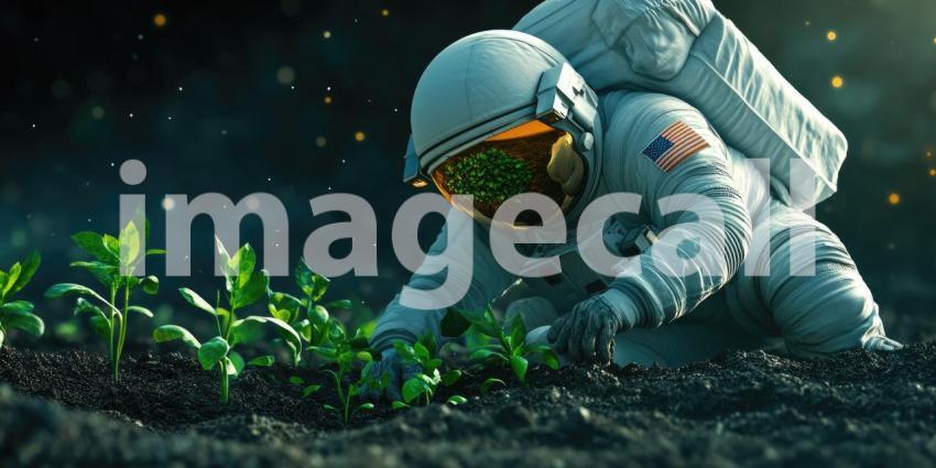 Astronaut Planting Green Seedlings in Soil Background, Space Explorer Nurturing Plants with a Cosmic Landscape