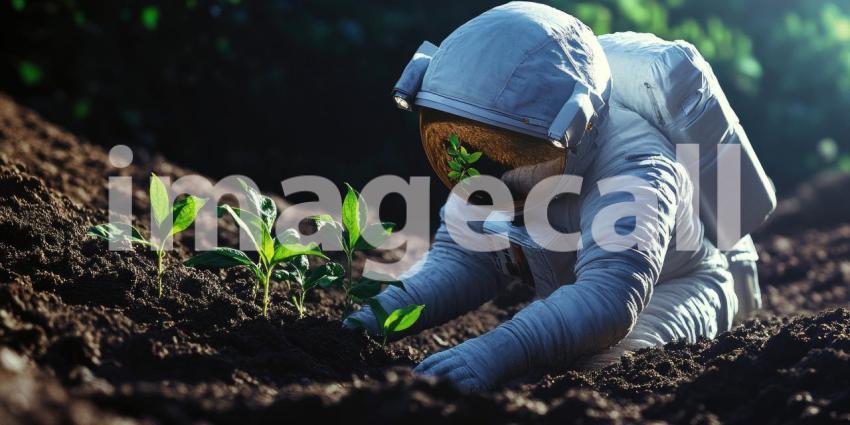 Astronaut Planting Green Seedlings in Soil Background, Space Explorer Nurturing Plants with a Cosmic Landscape