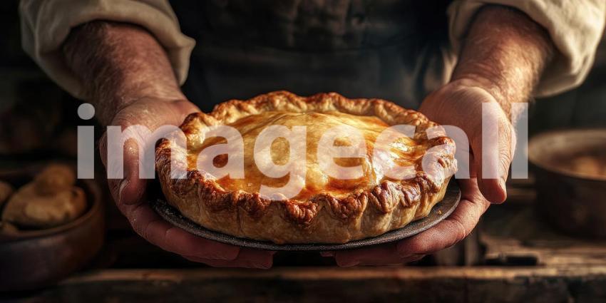 Baker's Hands Holding Freshly Baked Pie Background, Warm and Delicious Homemade Pie in the Baker's Hands