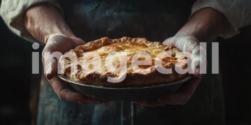 Baker's Hands Holding Freshly Baked Pie Background, Warm and Delicious Homemade Pie in the Baker's Hands