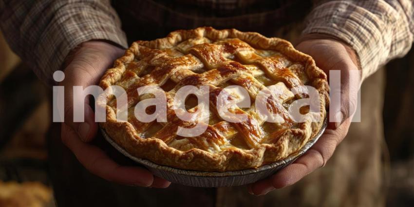 Baker's Hands Holding Freshly Baked Pie Background, Warm and Delicious Homemade Pie in the Baker's Hands