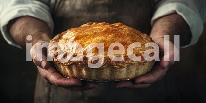 Baker's Hands Holding Freshly Baked Pie Background, Warm and Delicious Homemade Pie in the Baker's Hands