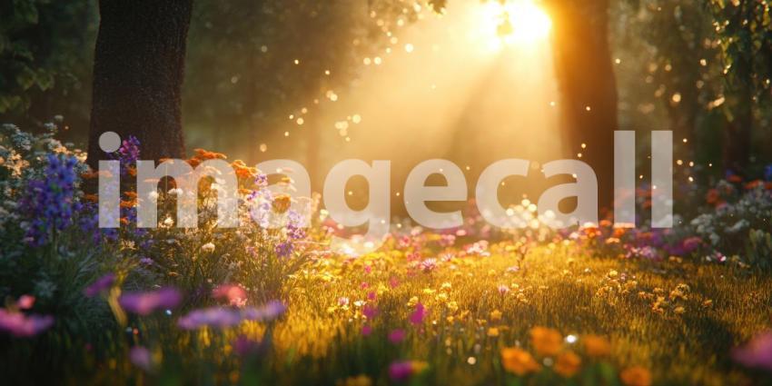 Beautiful Forest Field with Flowers Sunlight Background, Lush Green Field with Blooming Flowers and Warm Sunlight Filtering Through Trees