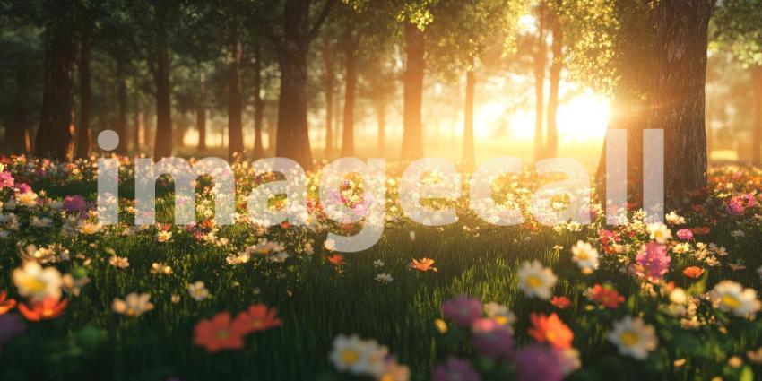 Beautiful Forest Field with Flowers Sunlight Background, Lush Green Field with Blooming Flowers and Warm Sunlight Filtering Through Trees