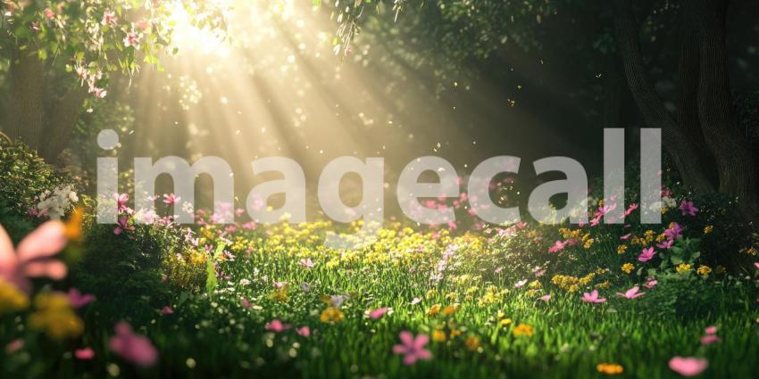 Beautiful Forest Field with Flowers Sunlight Background, Lush Green Field with Blooming Flowers and Warm Sunlight Filtering Through Trees
