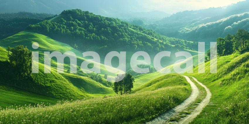 Beautiful natural winding path through rolling green hills background, a serene trail meandering amidst lush, vibrant landscapes under a tranquil sky.