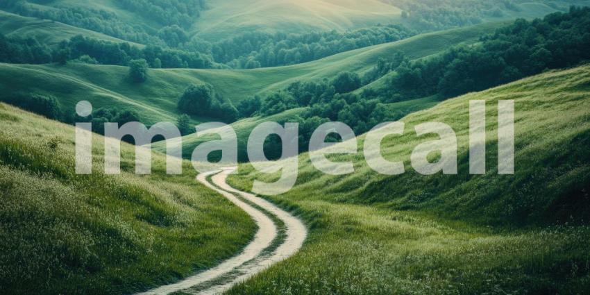 Beautiful natural winding path through rolling green hills background, a serene trail meandering amidst lush, vibrant landscapes under a tranquil sky.
