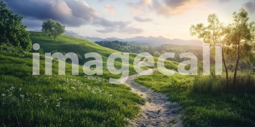 Beautiful natural winding path through rolling green hills background, a serene trail meandering amidst lush, vibrant landscapes under a tranquil sky.
