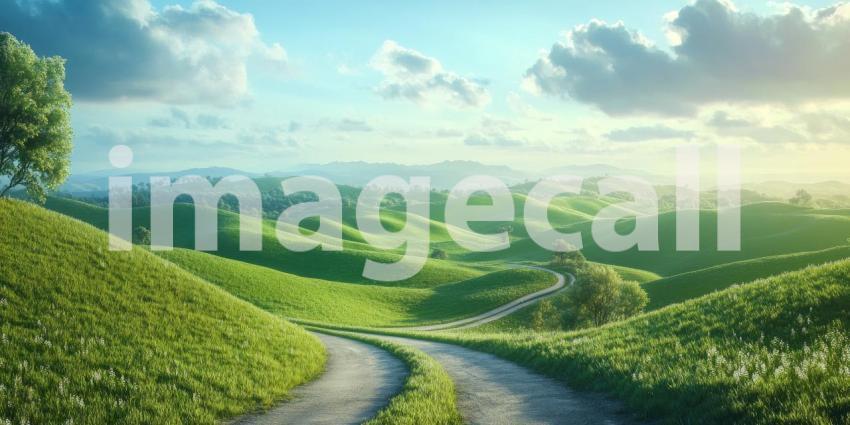 Beautiful natural winding path through rolling green hills background, a serene trail meandering amidst lush, vibrant landscapes under a tranquil sky.