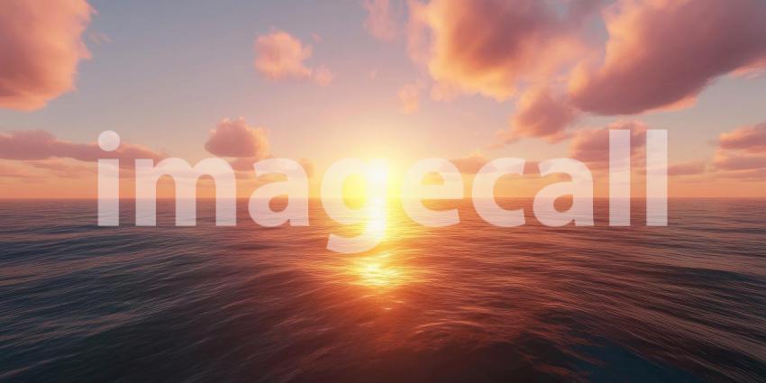 Beautiful sunset over the ocean background, golden hues blending with soft purples and pinks as the sun dips below the tranquil waves.