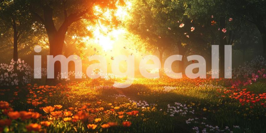 Beautiful Forest Field with Flowers Sunlight Background, Lush Green Field with Blooming Flowers and Warm Sunlight Filtering Through Trees