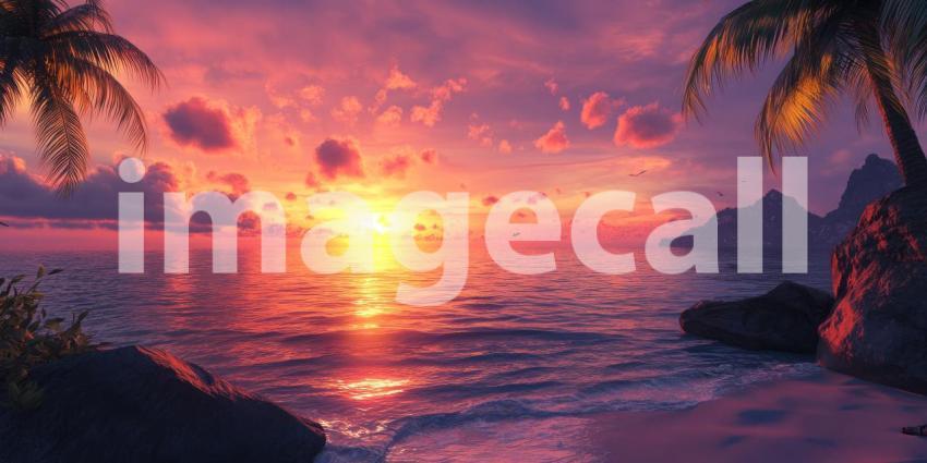 Beautiful sunset over the ocean background, golden hues blending with soft purples and pinks as the sun dips below the tranquil waves.