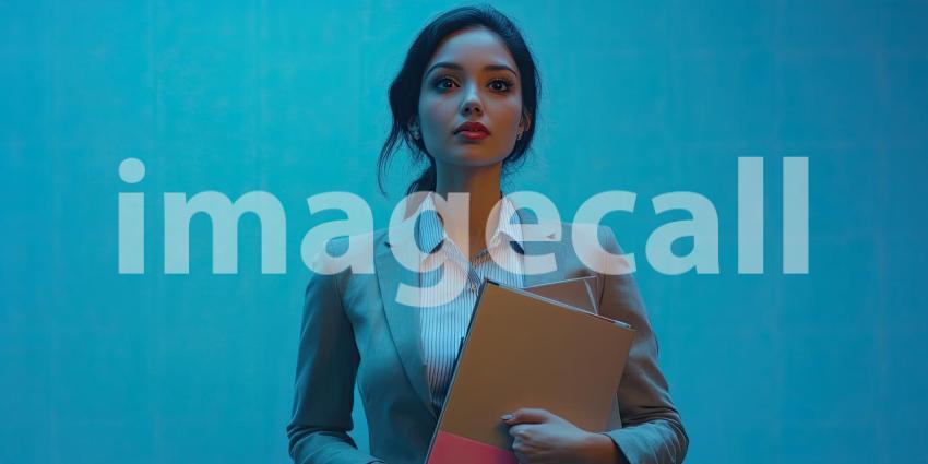 Beautiful Young Professional Woman in Business Attire Holding Folders with Copyspace Background, Confident Businesswoman Holding Documents in a Clean, Spacious Setting
