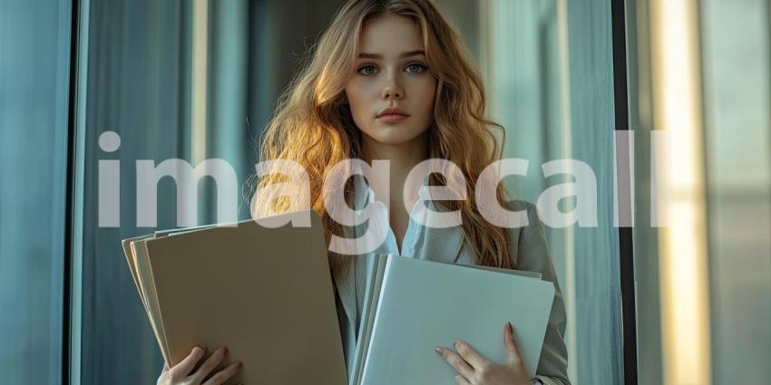 Beautiful Young Professional Woman in Business Attire Holding Folders with Copyspace Background, Confident Businesswoman Holding Documents in a Clean, Spacious Setting