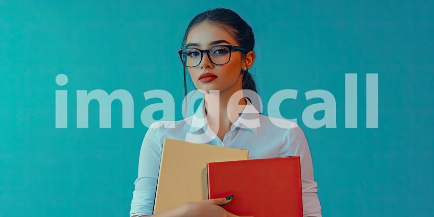 Beautiful Young Professional Woman in Business Attire Holding Folders with Copyspace Background, Confident Businesswoman Holding Documents in a Clean, Spacious Setting
