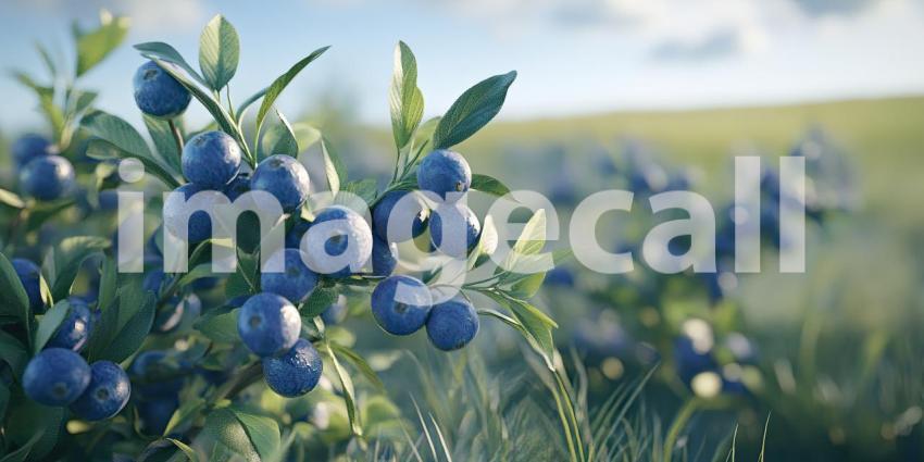 Blueberries growing on a bush in a field background, clusters of ripe, vibrant berries nestled among lush green leaves under an open sky.