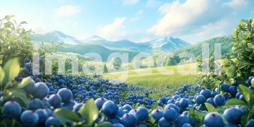 Blueberries growing on a bush in a field background, clusters of ripe, vibrant berries nestled among lush green leaves under an open sky.