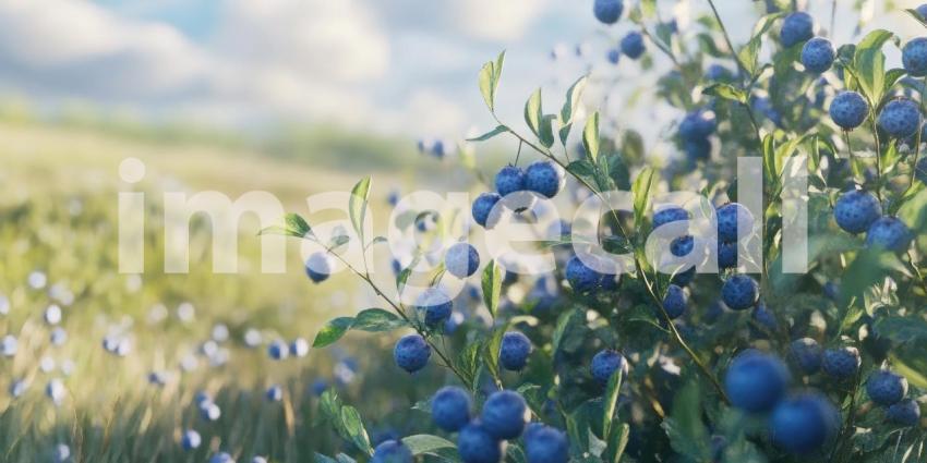 Blueberries growing on a bush in a field background, clusters of ripe, vibrant berries nestled among lush green leaves under an open sky.
