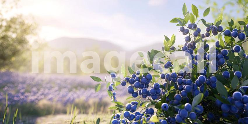 Blueberries growing on a bush in a field background, clusters of ripe, vibrant berries nestled among lush green leaves under an open sky.