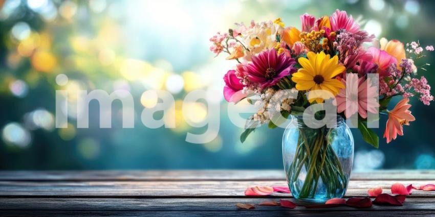 Bouquet of Colorful Flowers in Glass Vase on Wooden Table Background, Bright and Fresh Floral Arrangement in a Clear Vase Set on a Warm Wooden Surface