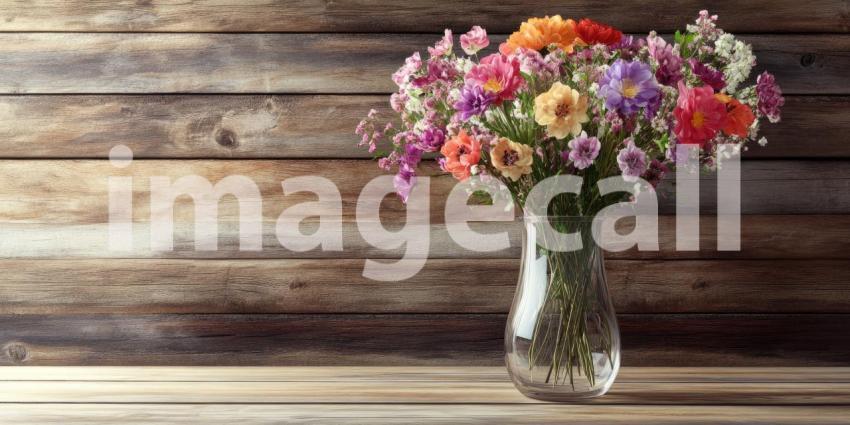 Bouquet of Colorful Flowers in Glass Vase on Wooden Table Background, Bright and Fresh Floral Arrangement in a Clear Vase Set on a Warm Wooden Surface