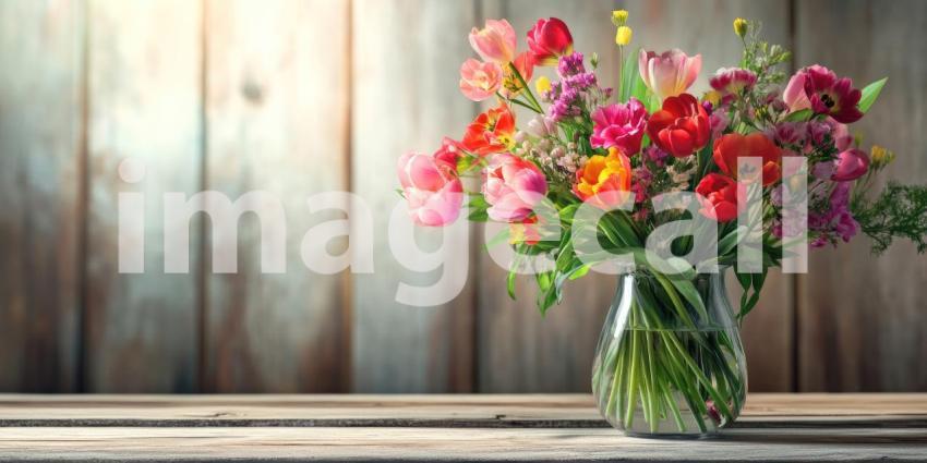 Bouquet of Colorful Flowers in Glass Vase on Wooden Table Background, Bright and Fresh Floral Arrangement in a Clear Vase Set on a Warm Wooden Surface