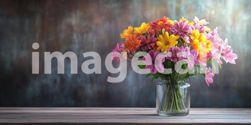 Bouquet of Colorful Flowers in Glass Vase on Wooden Table Background, Bright and Fresh Floral Arrangement in a Clear Vase Set on a Warm Wooden Surface