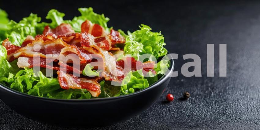 Bowl of Romaine Lettuce and Bacon Food with Copyspace Background, Fresh Salad with Crisp Lettuce and Savory Bacon Pieces in a Clean, Minimalist Setting