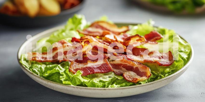 Bowl of Romaine Lettuce and Bacon Food with Copyspace Background, Fresh Salad with Crisp Lettuce and Savory Bacon Pieces in a Clean, Minimalist Setting