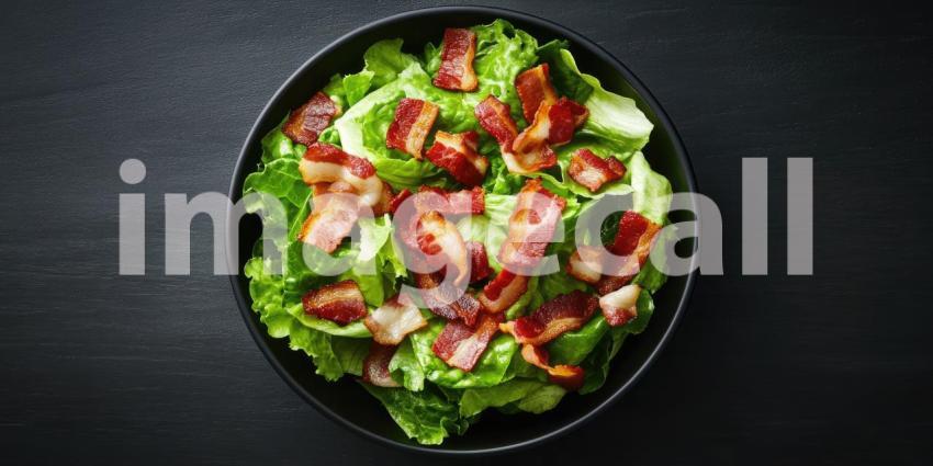 Bowl of Romaine Lettuce and Bacon Food with Copyspace Background, Fresh Salad with Crisp Lettuce and Savory Bacon Pieces in a Clean, Minimalist Setting