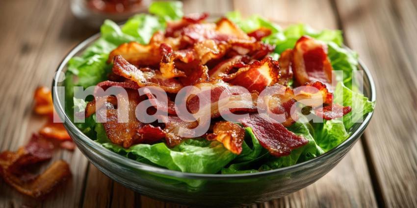 Bowl of Romaine Lettuce and Bacon Food with Copyspace Background, Fresh Salad with Crisp Lettuce and Savory Bacon Pieces in a Clean, Minimalist Setting