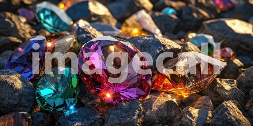 Broken gemstones rocky texture background, jagged shards of colorful gems scattered across a rough, textured surface, creating a striking and dynamic visual.