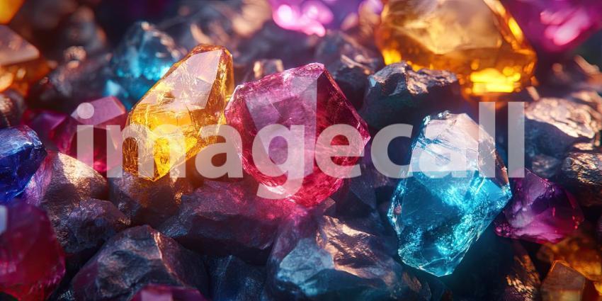 Broken gemstones rocky texture background, jagged shards of colorful gems scattered across a rough, textured surface, creating a striking and dynamic visual.