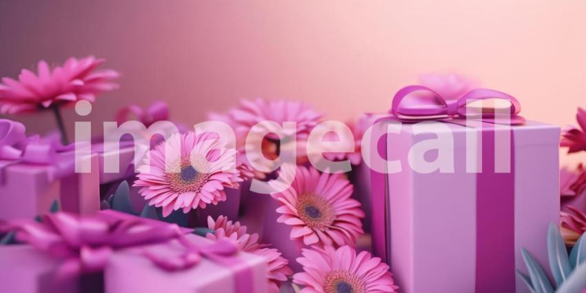 Bunch of pink flowers and wrapped gifts background, a charming arrangement of delicate pink blooms paired with elegantly wrapped presents, evoking a sense of celebration and joy.