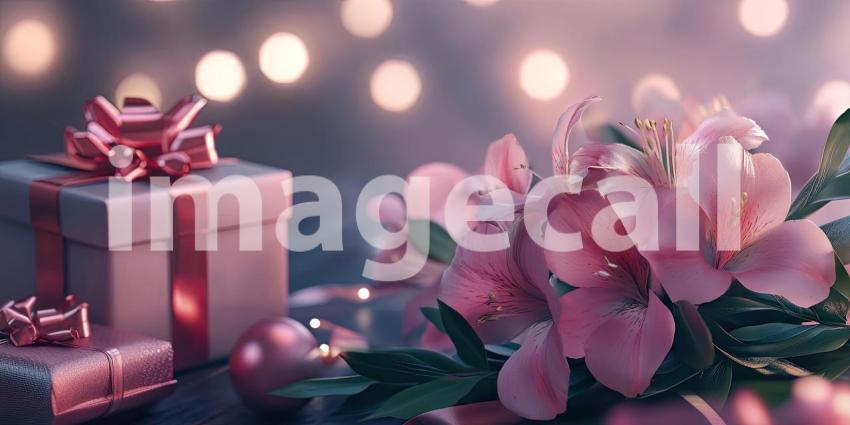 Bunch of pink flowers and wrapped gifts background, a charming arrangement of delicate pink blooms paired with elegantly wrapped presents, evoking a sense of celebration and joy.