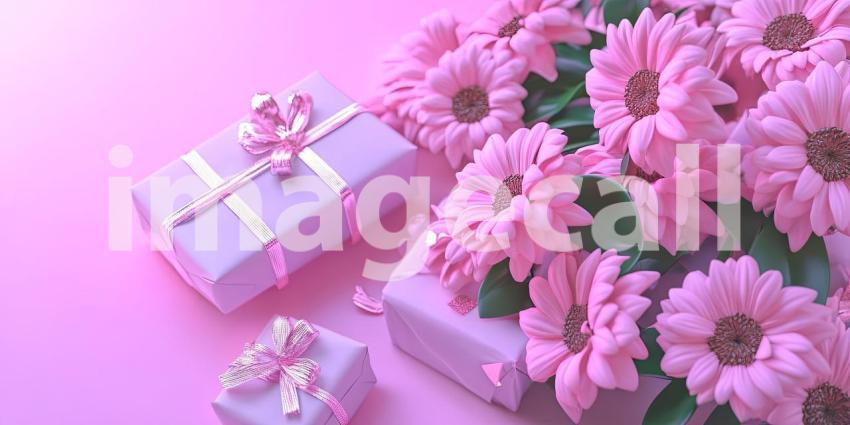 Bunch of pink flowers and wrapped gifts background, a charming arrangement of delicate pink blooms paired with elegantly wrapped presents, evoking a sense of celebration and joy.