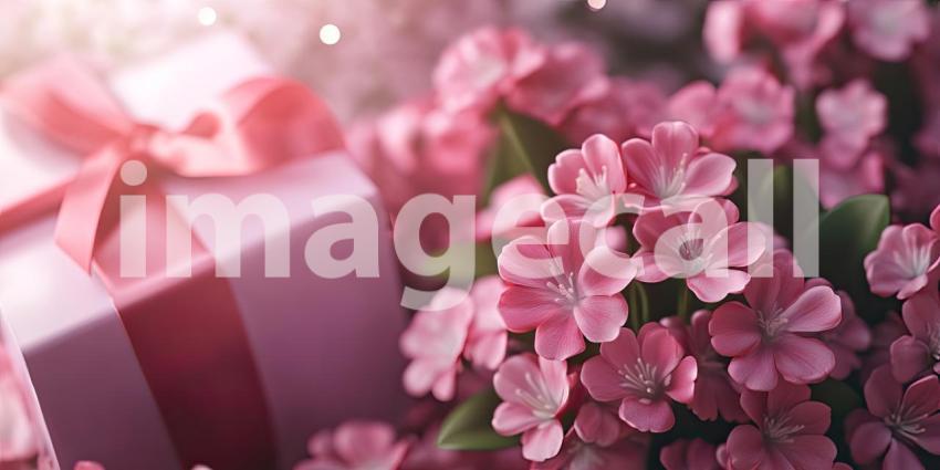 Bunch of pink flowers and wrapped gifts background, a charming arrangement of delicate pink blooms paired with elegantly wrapped presents, evoking a sense of celebration and joy.