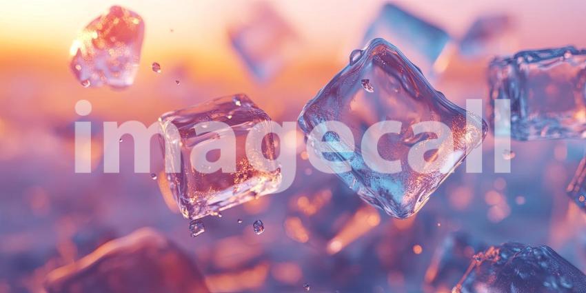 Clear ice cubes background, perfectly formed ice cubes with sharp edges, placed on a smooth surface, reflecting light and creating a cool, crisp atmosphere with subtle glistening effects.