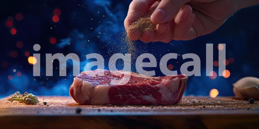 Chef's hand sprinkles seasoning on raw steak background, the hand carefully adding a touch of salt and pepper to the tender cut of meat, set on a wooden surface, ready for cooking in a professional kitchen environment.