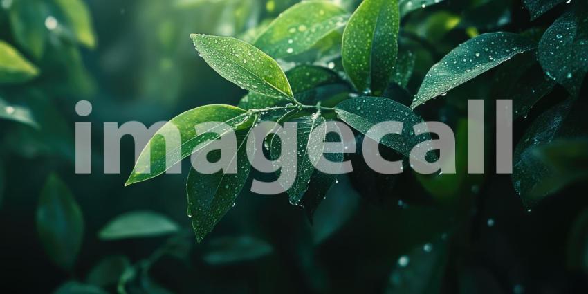 Close-up of a green leaf with water droplets background, the leaf's vibrant green color enhanced by the glistening droplets of water, capturing the natural beauty and freshness of the plant.