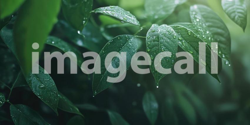 Close-up of a green leaf with water droplets background, the leaf's vibrant green color enhanced by the glistening droplets of water, capturing the natural beauty and freshness of the plant.