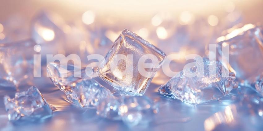 Clear ice cubes background, perfectly formed ice cubes with sharp edges, placed on a smooth surface, reflecting light and creating a cool, crisp atmosphere with subtle glistening effects.