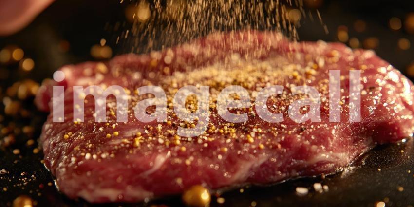 Chef's hand sprinkles seasoning on raw steak background, the hand carefully adding a touch of salt and pepper to the tender cut of meat, set on a wooden surface, ready for cooking in a professional kitchen environment.