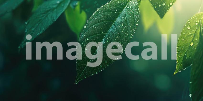 Close-up of a green leaf with water droplets background, the leaf's vibrant green color enhanced by the glistening droplets of water, capturing the natural beauty and freshness of the plant.