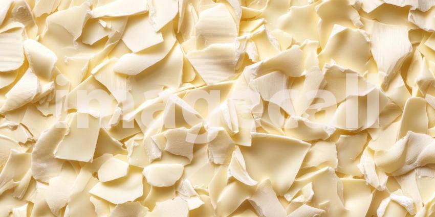 Closeup Texture of Shredded White Chocolate Flakes Dessert Background, Delicate Layers of Shredded White Chocolate Creating a Sweet and Creamy Texture