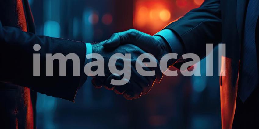 Closeup of two people shaking hands in a business deal background, with firm hand grips symbolizing trust and agreement, set against a professional office environment or neutral backdrop.