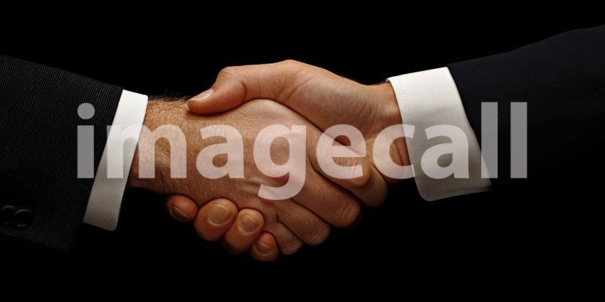 Closeup of two people shaking hands in a business deal background, with firm hand grips symbolizing trust and agreement, set against a professional office environment or neutral backdrop.