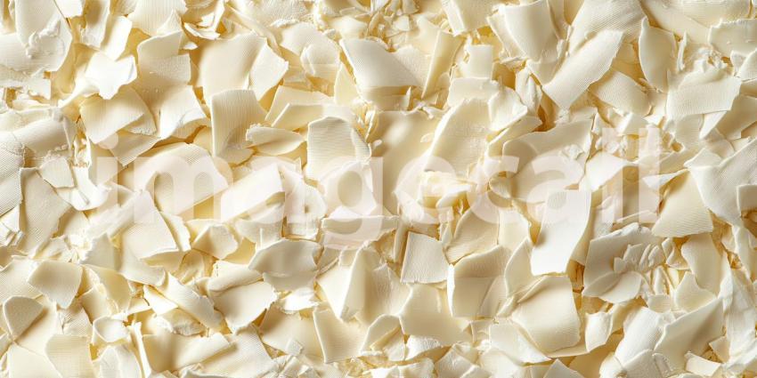 Closeup Texture of Shredded White Chocolate Flakes Dessert Background, Delicate Layers of Shredded White Chocolate Creating a Sweet and Creamy Texture
