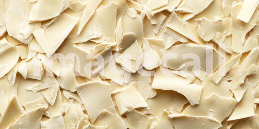 Closeup Texture of Shredded White Chocolate Flakes Dessert Background, Delicate Layers of Shredded White Chocolate Creating a Sweet and Creamy Texture